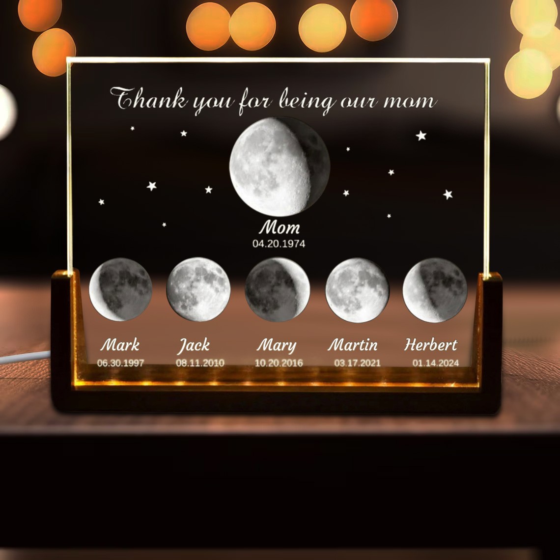 Customized Cosmic Moon Phase Light Frame for Mom-Featuring Child's Name & Birthday