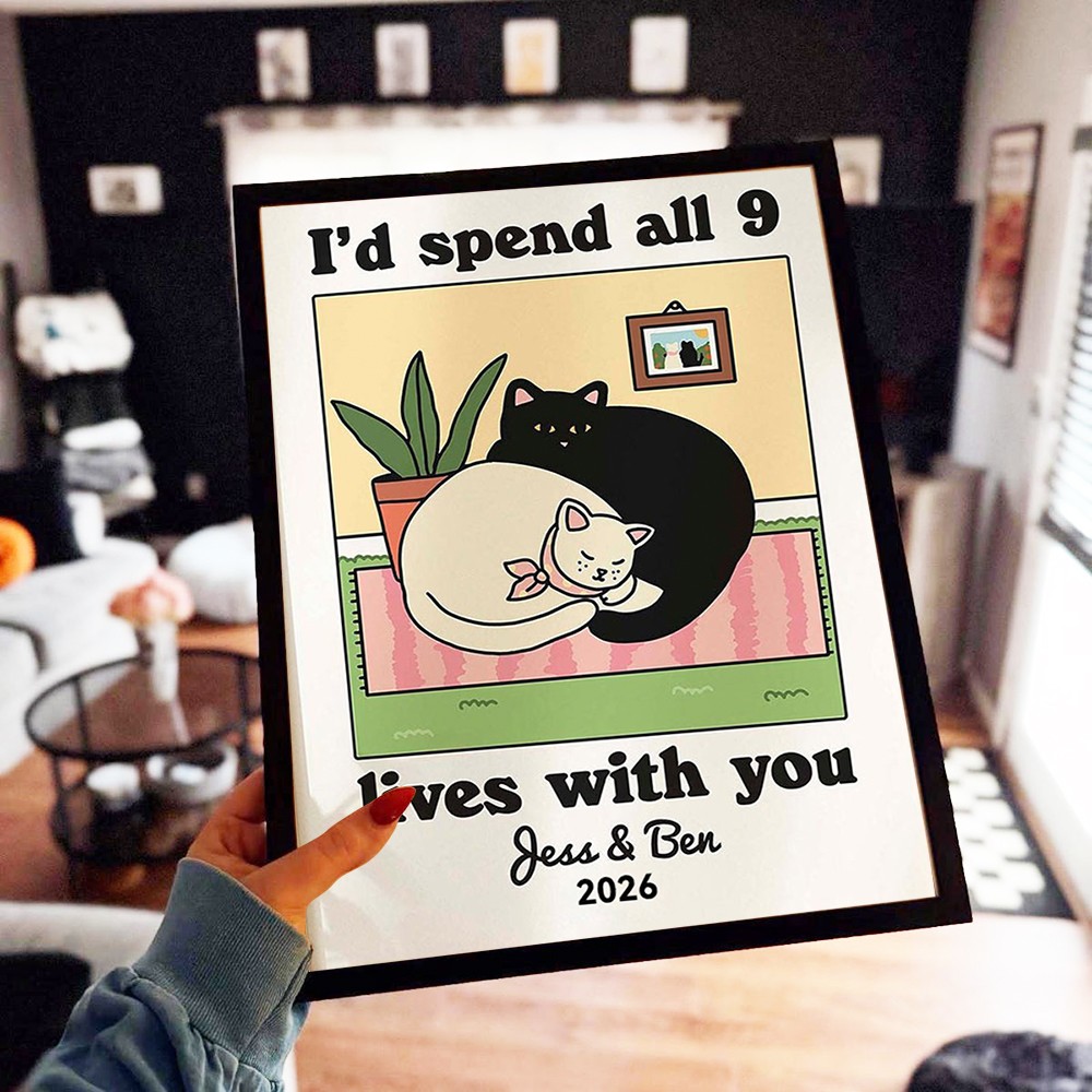 Personalized Cat Illustration Retro Couple Print Unique Engagement Gifts Valentine's Day Gifts for Couple Anniversary Gift