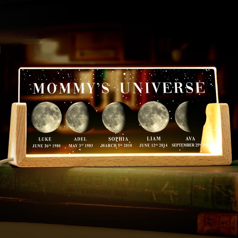 Customized Cosmic Moon Phase Light Frame for Mom-Featuring Child's Name & Birthday