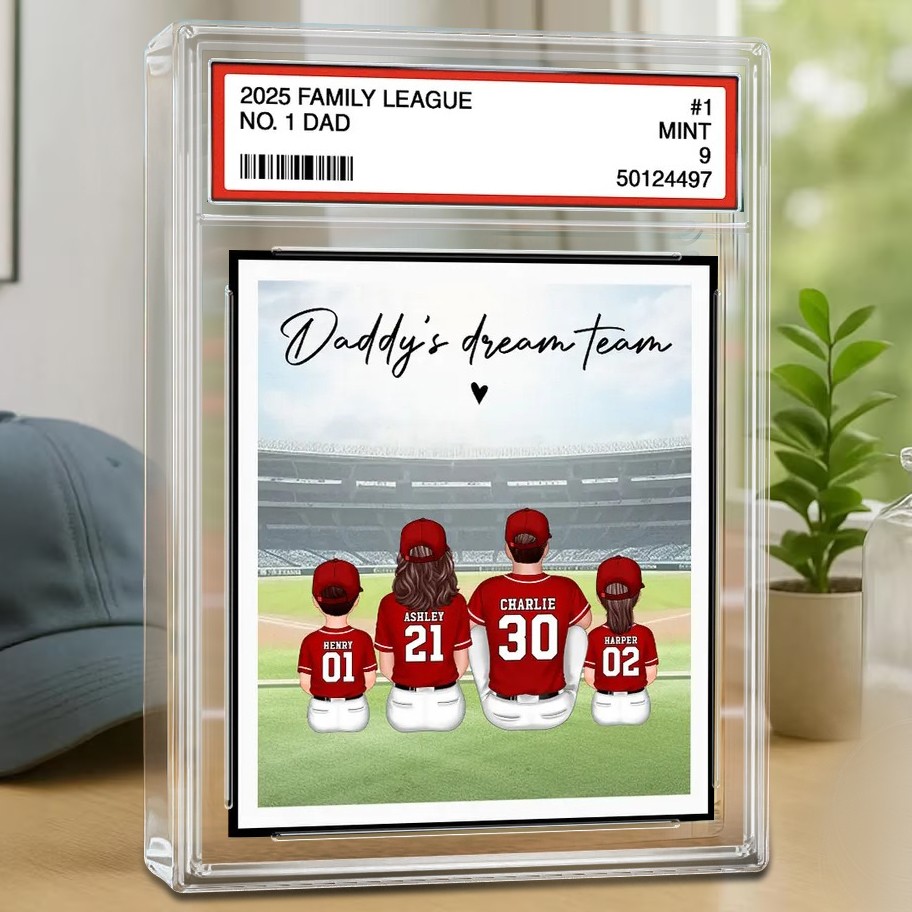 Baseball No. 1 Dad & Kids Trading Card Style Personalized Acrylic Block Plaque.