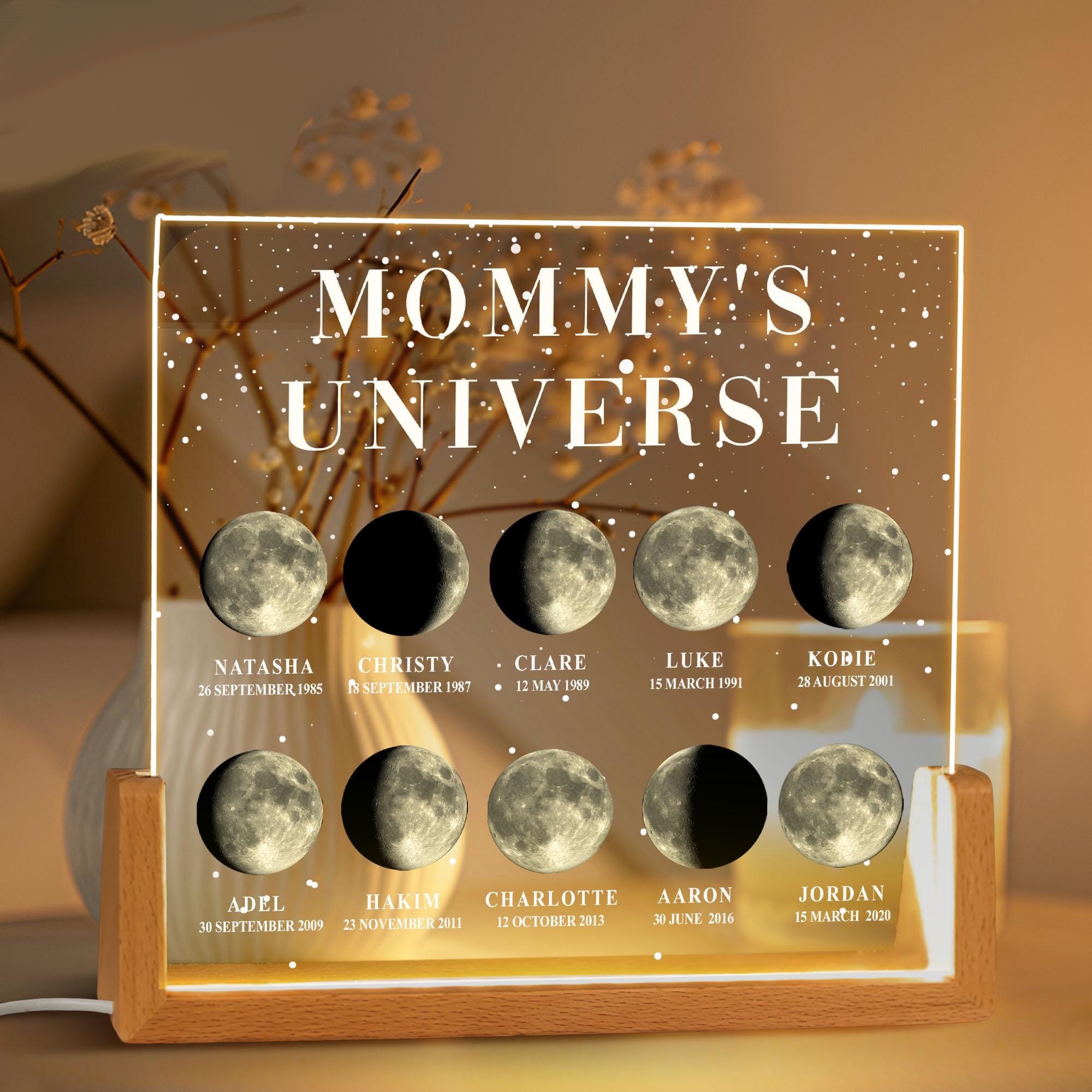 Customized Cosmic Moon Phase Light Frame for Mom-Featuring Child's Name & Birthday