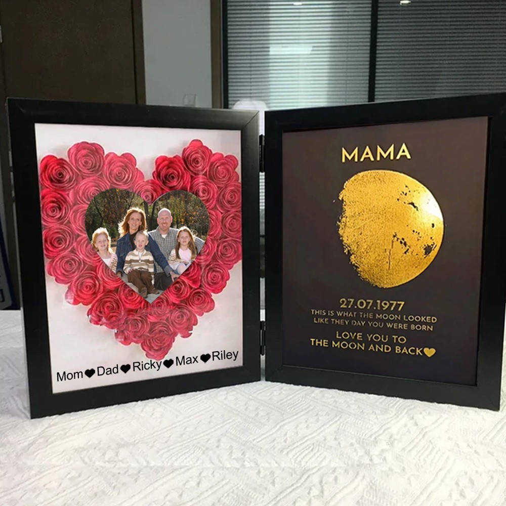 Flower frames with real moon phase with mom's and child's names