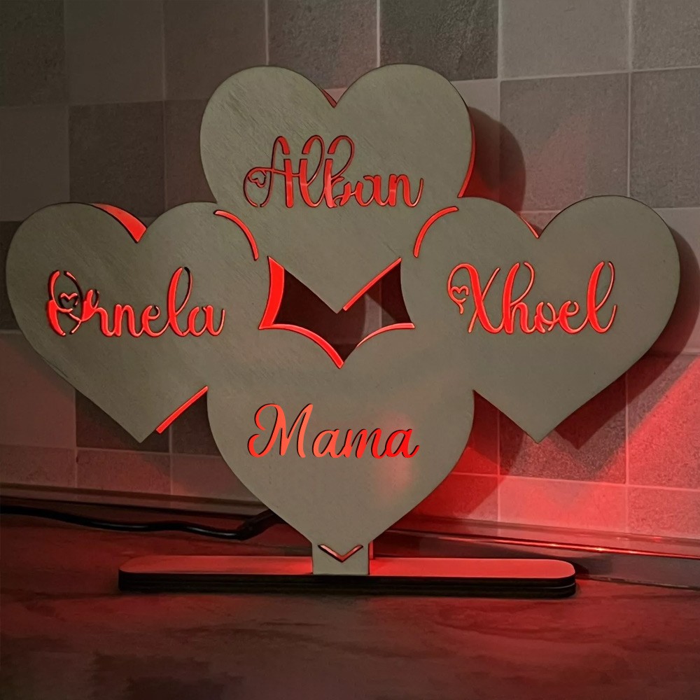 Personalized Wooden Heart Table Lamp with Mom's and Child's names.