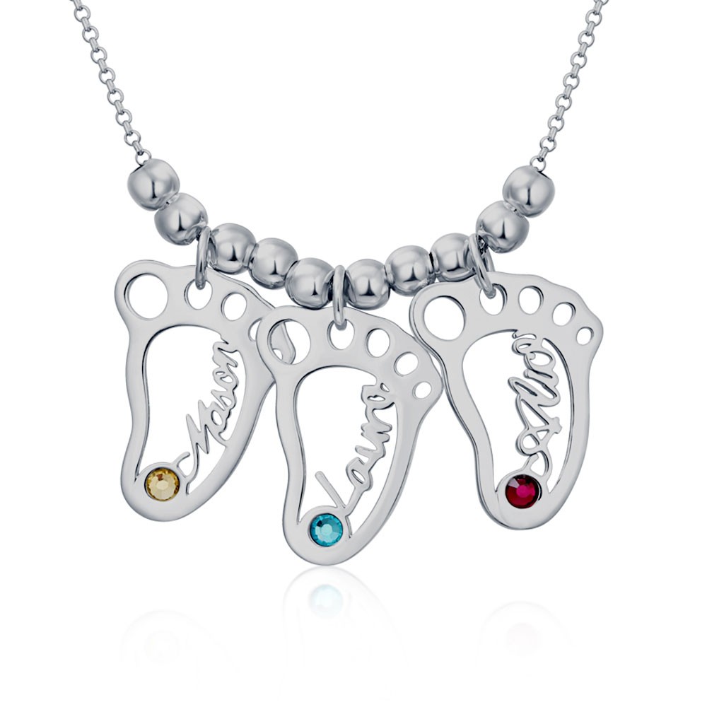 Silver Personalized 1-10 Hollow Baby Feet Name Necklace With Birthstone