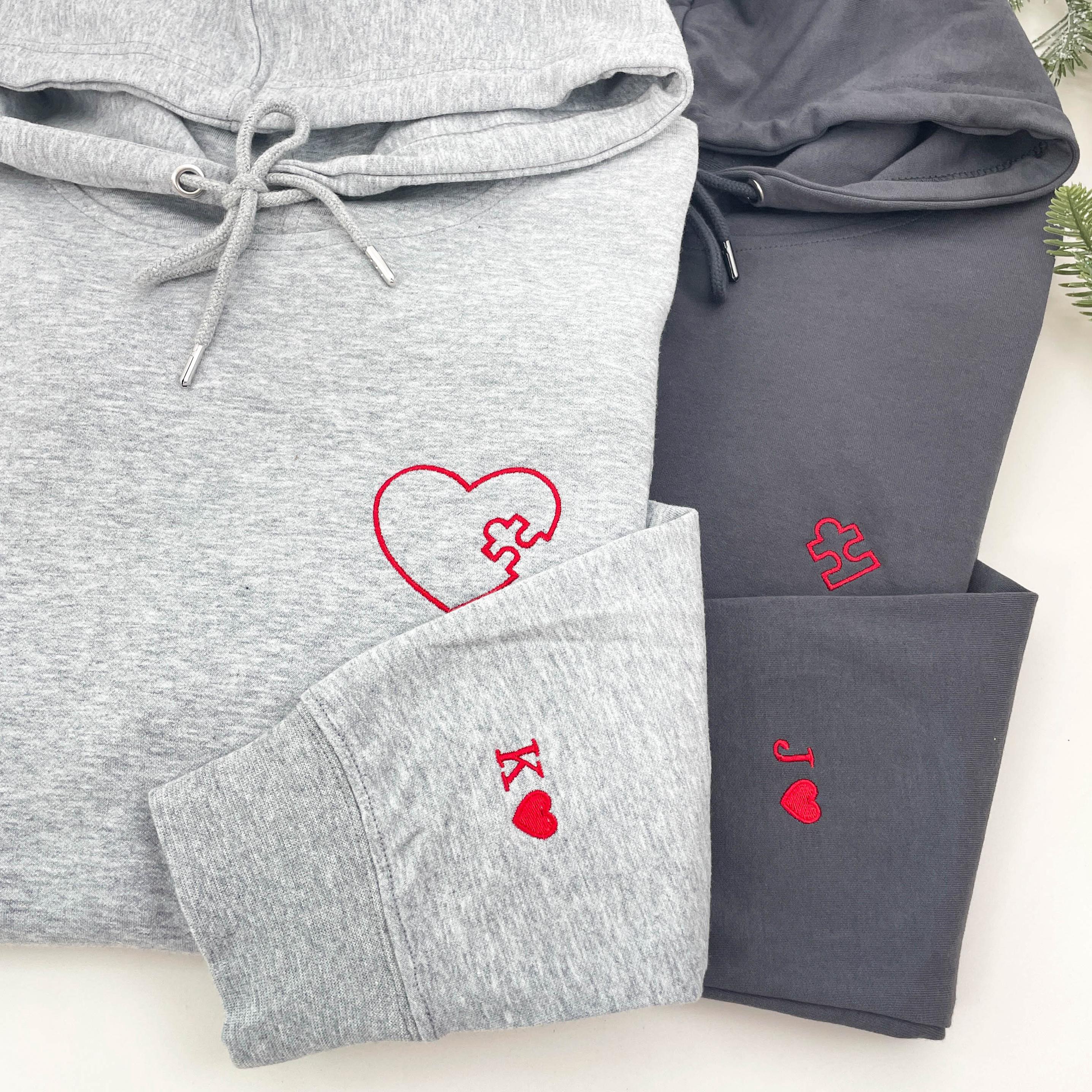Custom Embroidered Heart and Puzzle Piece Couples Hoodie with Initial On Sleeve Anniversary Gift Valentine's Day Gifts