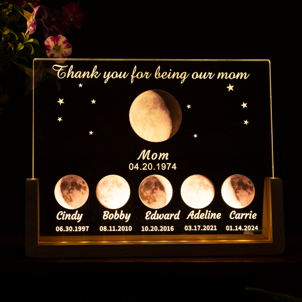Customized Cosmic Moon Phase Light Frame for Mom-Featuring Child's Name & Birthday
