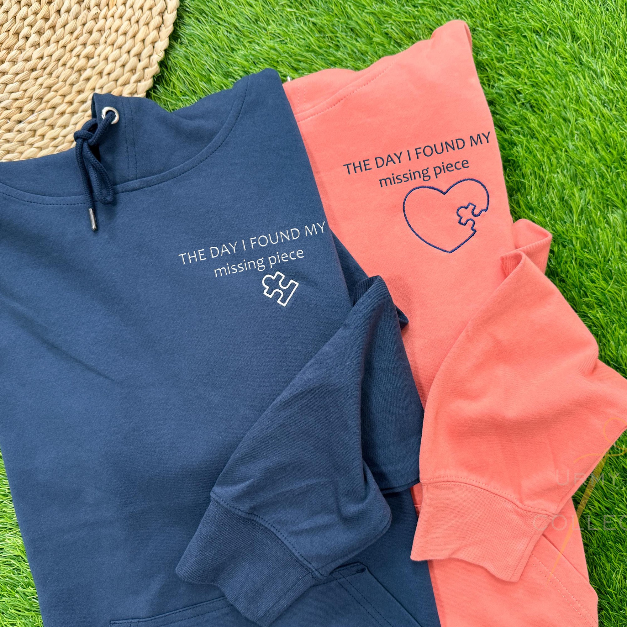 Custom Embroidered Heart and Puzzle Piece Couples Hoodie with Initial On Sleeve Anniversary Gift Valentine's Day Gifts