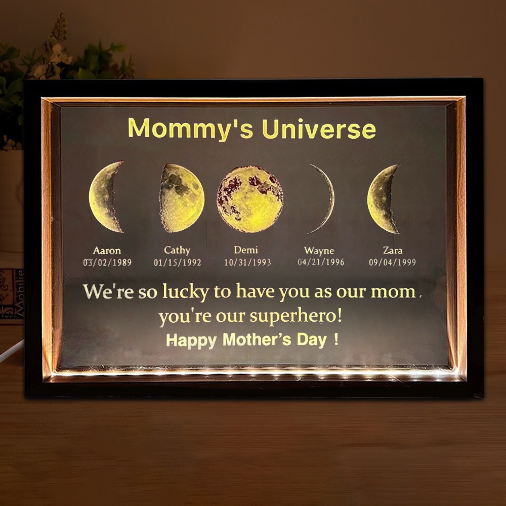 Customized Cosmic Moon Phase Light Frame for Mom-Featuring Child's Name & Birthday
