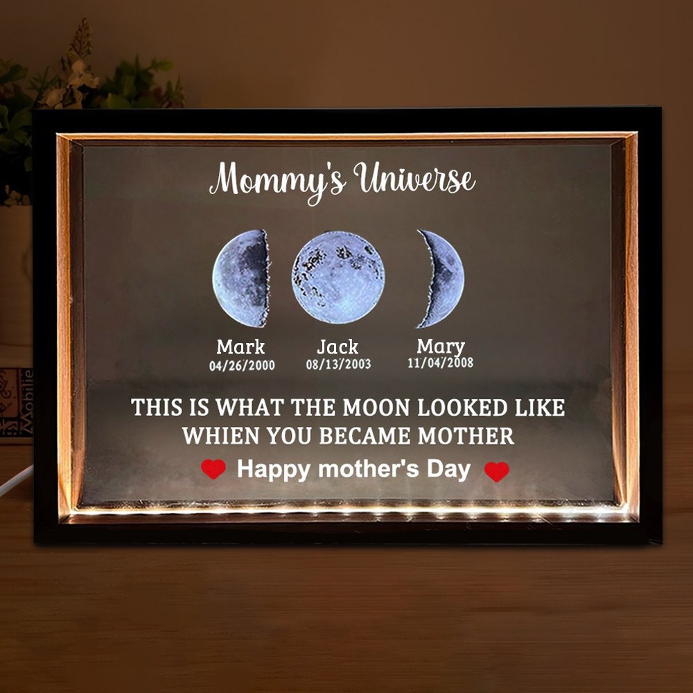 Customized Cosmic Moon Phase Light Frame for Mom-Featuring Child's Name & Birthday