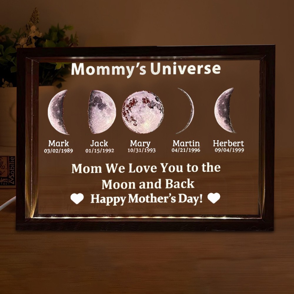 Customized Cosmic Moon Phase Light Frame for Mom-Featuring Child's Name & Birthday