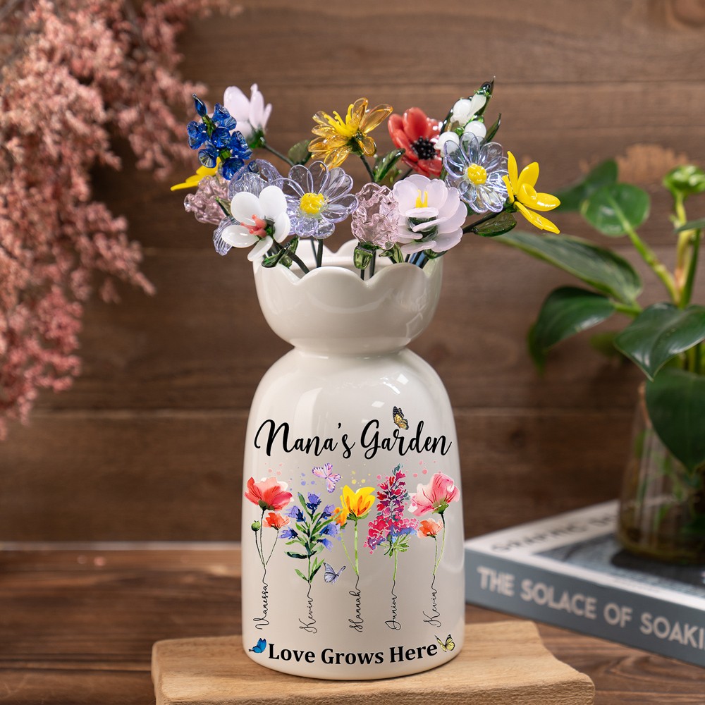 Personalized Nana's Garden Birth Month Flower Vase With Grandkids Name Keepsake Gifts For Mom Grandma