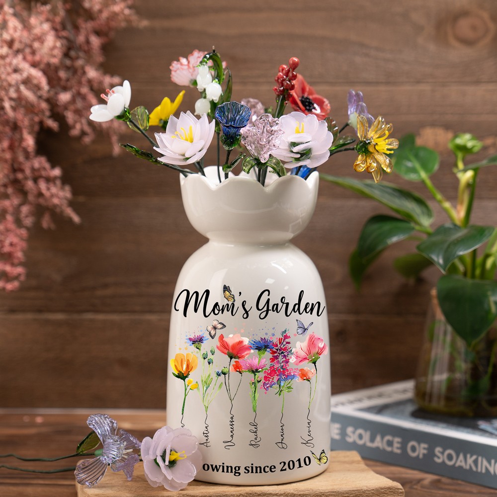 Personalized Mom's Garden Birth Month Flower Vase With Kids Name Keepsake Gifts For Mom Grandma