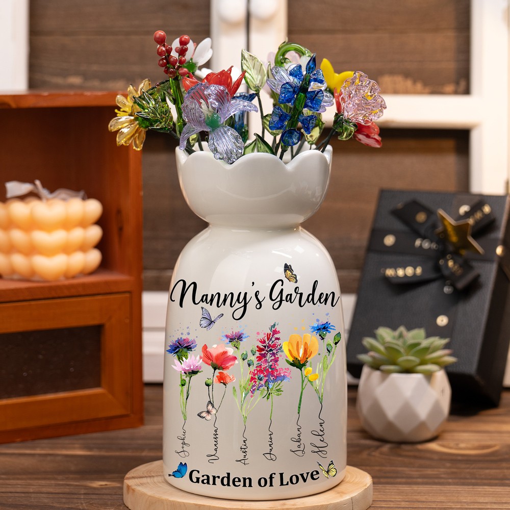 Personalized Nanny's Garden Birth Month Flower Vase With Grandkids Name Keepsake Gifts For Mom Grandma