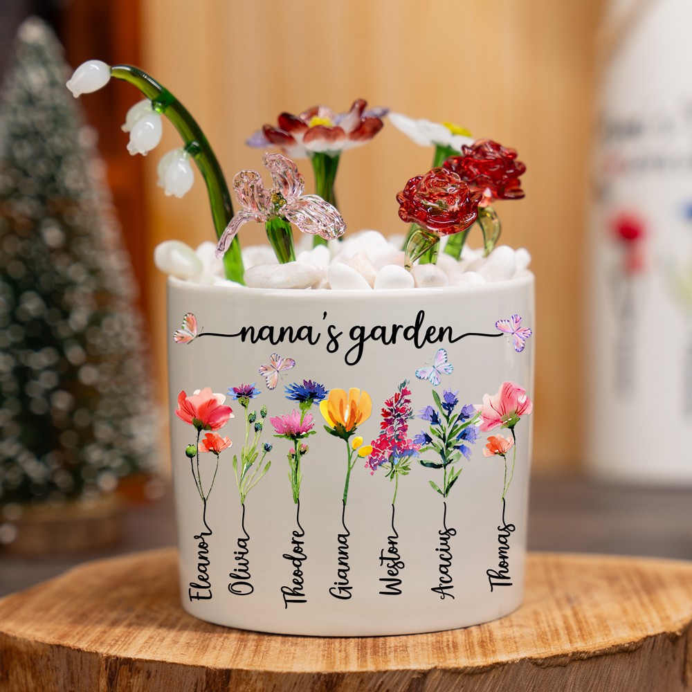 Custom Nana's Garden Birth Flower Pot with Grandkids Names Keepsake Gifts for Grandma Mom Christmas Gift