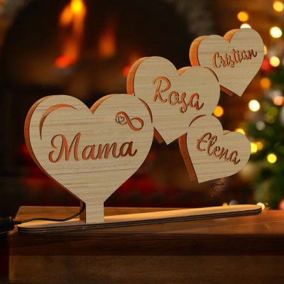 Personalized Wooden Heart Table Lamp with Mom's and Child's names.