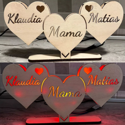 Personalized Wooden Heart Table Lamp with Mom's and Child's names.