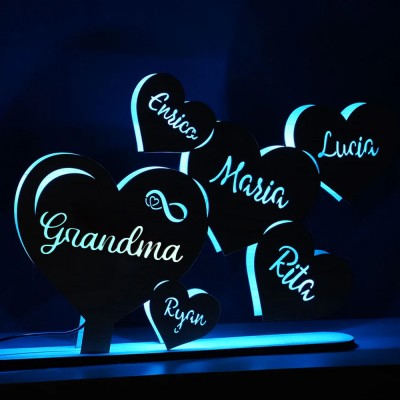 Personalized Wooden Heart Table Lamp with Mom's and Child's names.