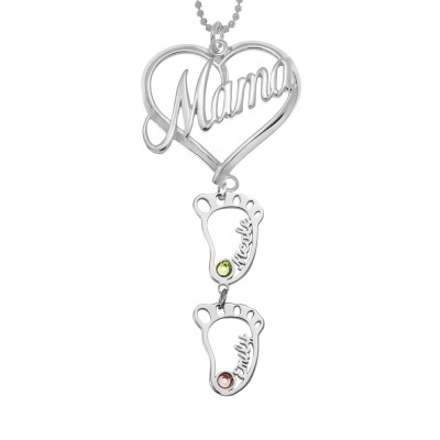 Silver Personalized Mama Heart Birthstones Name Necklace with 1-10 Hollow BabyFeet Charms
