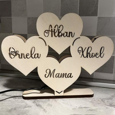 Personalized Wooden Heart Table Lamp with Mom's and Child's names.