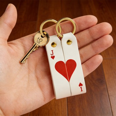 Custom Ace of Hearts Leather Keyring Set Matching Couple Keychains with Initials Anniversary Gift for Her Him Valentine's Day Gifts for Couples