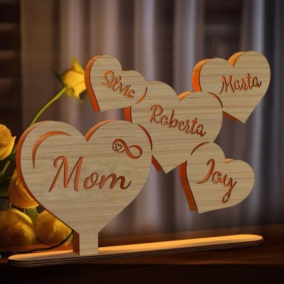 Personalized Wooden Heart Table Lamp with Mom's and Child's names.