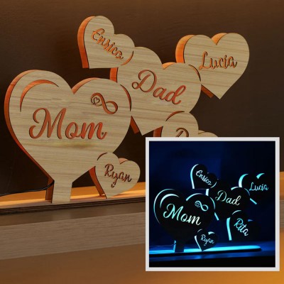 Personalized Wooden Heart Table Lamp with Mom's and Child's names.