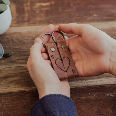 Custom Couple Matching Leather Keychain Set with Initials Anniversary Gift for Her Him Valentine's Day Gifts for Couples