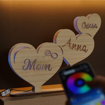 Personalized Wooden Heart Table Lamp with Mom's and Child's names.