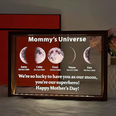 Customized Cosmic Moon Phase Light Frame for Mom-Featuring Child's Name & Birthday