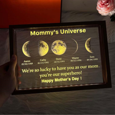 Customized Cosmic Moon Phase Light Frame for Mom-Featuring Child's Name & Birthday