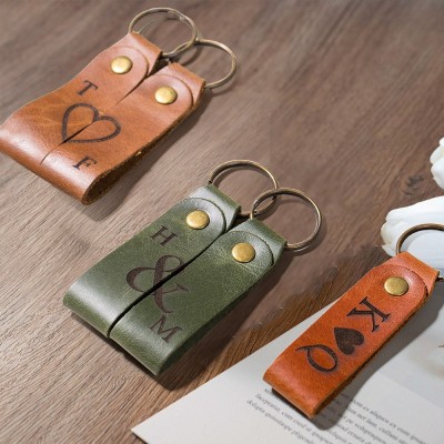 Personalized Couple Matching Leather Keychain Set with Initials Anniversary Gift for Her Him Valentine's Day Gifts for Couples