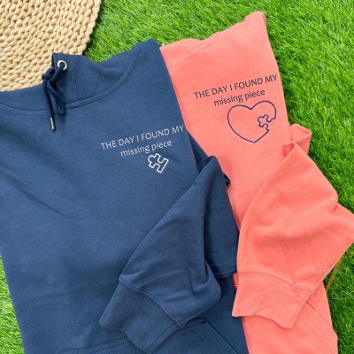 Custom Embroidered Heart and Puzzle Piece Couples Hoodie with Initial On Sleeve Anniversary Gift Valentine's Day Gifts