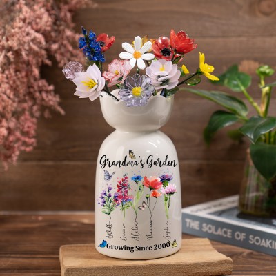 Personalized Grandma's Garden Birth Month Flower Vase With Grandkids Name Keepsake Gifts For Mom Grandma