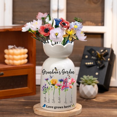 Personalized Grandma's Garden Birth Month Flower Vase With Grandkids Name Keepsake Gifts For Mom Grandma