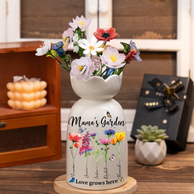 Personalized Mama's Garden Birth Month Flower Vase With Kids Name Keepsake Gifts For Mom Grandma