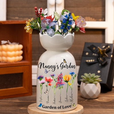Personalized Nanny's Garden Birth Month Flower Vase With Grandkids Name Keepsake Gifts For Mom Grandma