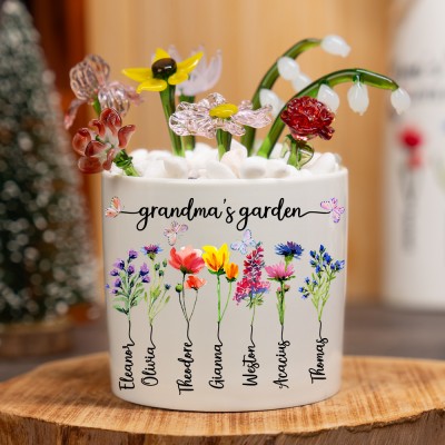 Personalized Grandma's Garden Birth Flower Pot with Grandkids Names Keepsake Gifts for Grandma Mom Christmas Gift