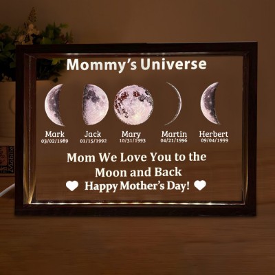 Customized Cosmic Moon Phase Light Frame for Mom-Featuring Child's Name & Birthday