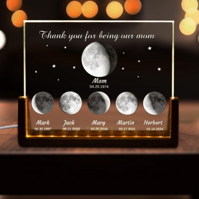 Customized Cosmic Moon Phase Light Frame for Mom-Featuring Child's Name & Birthday