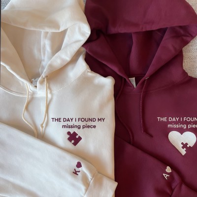 Custom Embroidered Heart and Puzzle Piece Couples Hoodie with Initial On Sleeve Anniversary Gift Valentine's Day Gifts
