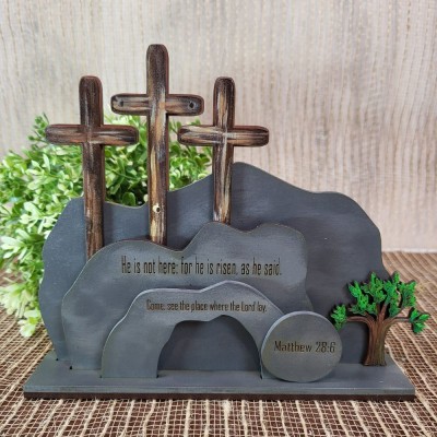 Empty Tomb "He is Risen" Decoration with Cross and Olive Tree, Religious, Christian, Easter Display, Easter Tomb