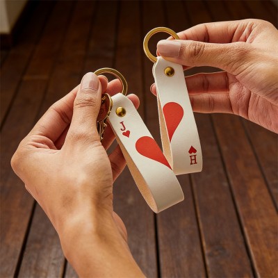 Custom Ace of Hearts Leather Keyring Set Matching Couple Keychains with Initials Anniversary Gift for Her Him Valentine's Day Gifts for Couples