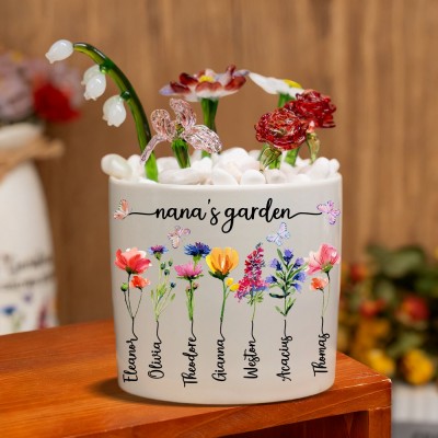 Custom Mama's Garden Birth Flower Pot with Kids Names Keepsake Gifts for Grandma Mom Christmas Gift