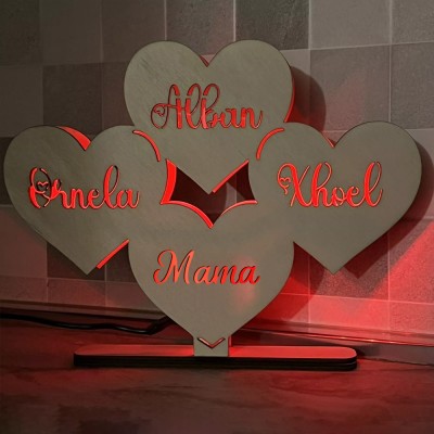 Personalized Wooden Heart Table Lamp with Mom's and Child's names.