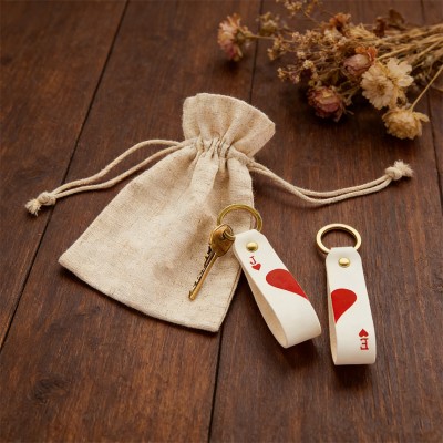 Personalized Ace of Hearts Leather Keyring Set Matching Couple Keychains with Initials Anniversary Gift for Her Him Valentine's Day Gifts for Couples