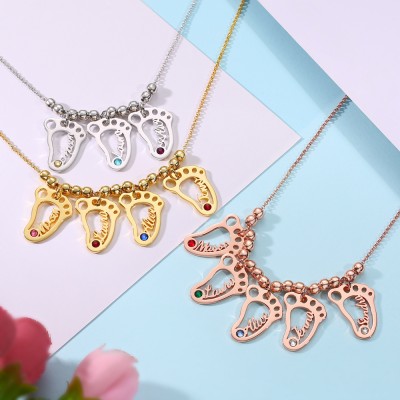 Silver Personalized 1-10 Hollow Baby Feet Name Necklace With Birthstone