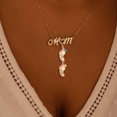 Silver Personalized Mom Name Necklace With Birthstones 1-10 BabyFeet Charms