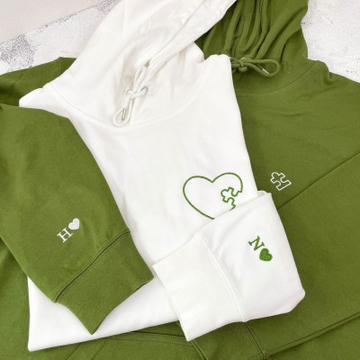 Custom Embroidered Heart and Puzzle Piece Couples Hoodie with Initial On Sleeve Anniversary Gift Valentine's Day Gifts