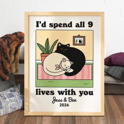 Personalized Cat Illustration Retro Couple Print Unique Engagement Gifts Valentine's Day Gifts for Couple Anniversary Gift