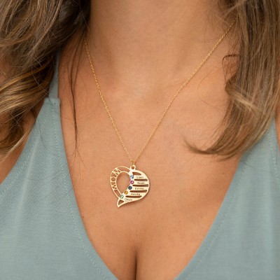 Silver Personalized Mom Heart Necklace with Birthstones Up to 1-6 Names and Birthstone